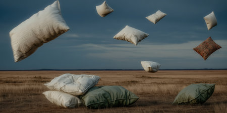 Soft pillows on the field, concept of new life, falling pillows, abstract. High qualityの素材