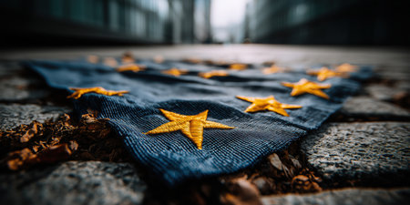 European flag lying on the ground, EU flag on asphalt, immigration, politics, for news, illegal immigration. High qualityの素材
