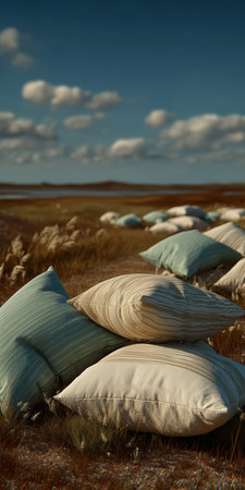 Soft pillows on the field, concept of new life, falling pillows, abstract. High qualityの素材