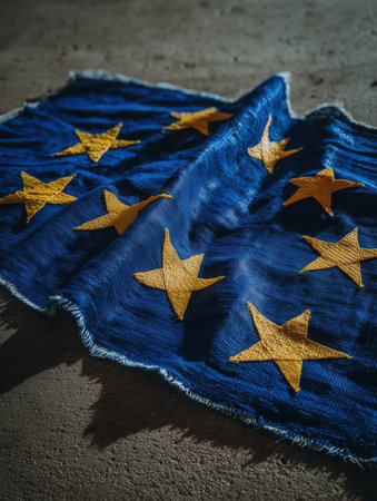 European flag lying on the ground, EU flag on asphalt, immigration, politics, for news, illegal immigration. High qualityの素材