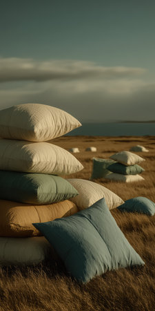 Soft pillows on the field, concept of new life, falling pillows, abstract. High qualityの素材