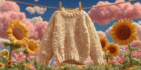 A sweater on a hanger, a fresh start, a new beginning. A line of clothes hanging on a clothesline. The clothes are white and yellowの素材