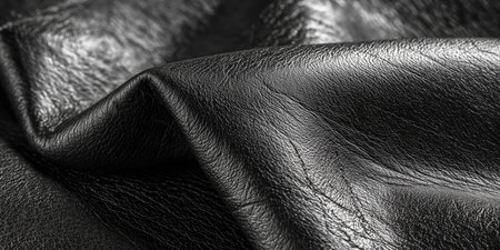 Close up of black textured natural leather Colored Fabric Leather folded and luminated under moving Light, making epic amazing shadows on textured background. High quality photoの素材