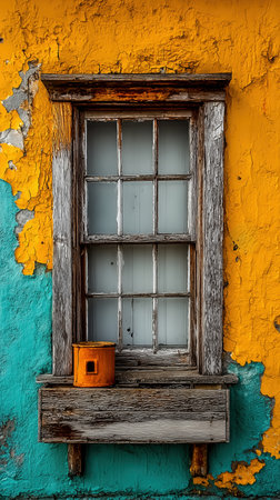 Old window in an old house, old yellow house, wooden windows, glass, window pane, new beginning concept. High qualityの素材