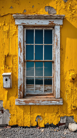 Old window in an old house, old yellow house, wooden windows, glass, window pane, new beginning concept. High qualityの素材