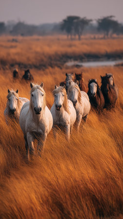 A herd of horses in a field. Wild horses, nature and animals, freedom, beautiful creatures, concept of freedom of life pleasure. High qualityの素材