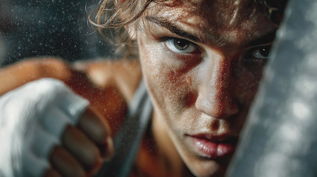 Beautiful girl boxer, sport concept, healthy lifestyle, for advertising. Woman fighter looks at the camera, training in the boxing gym, a series of punches, front view. High quality photoの素材