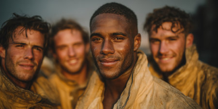 Close up Male Firefighter in Full Gear Ready for Duty, Standing in Front of a camera. Portrait of a Brave. High qualityの素材