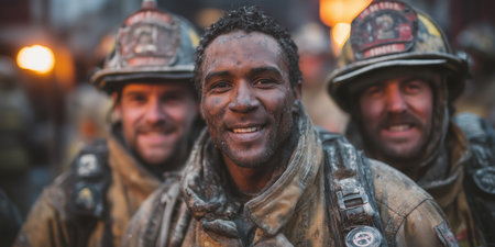 Close up Male Firefighter in Full Gear Ready for Duty, Standing in Front of a camera. Portrait of a Brave. High qualityの素材