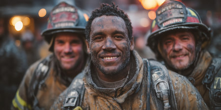 Close up Male Firefighter in Full Gear Ready for Duty, Standing in Front of a camera. Portrait of a Brave. High qualityの素材