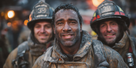 Close up Male Firefighter in Full Gear Ready for Duty, Standing in Front of a camera. Portrait of a Brave. High qualityの素材