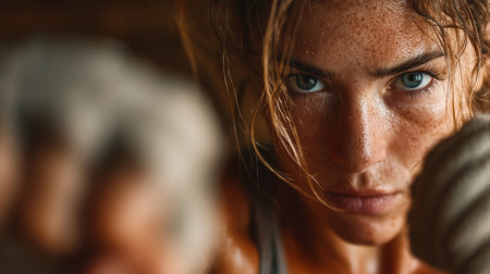 Beautiful girl boxer, sport concept, healthy lifestyle, for advertising. Woman fighter looks at the camera, training in the boxing gym, a series of punches, front view. High quality photoの素材