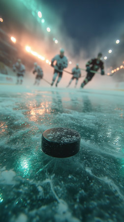 Close-range puck, hockey and puck, sport, game, ice, sports complex, for news, for advertising, for banner. High qualityの素材