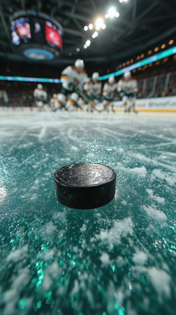 Close-range puck, hockey and puck, sport, game, ice, sports complex, for news, for advertising, for banner. High qualityの素材