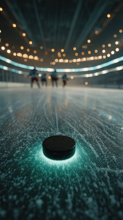 Close-range puck, hockey and puck, sport, game, ice, sports complex, for news, for advertising, for banner. High qualityの素材