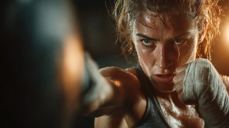 Beautiful girl boxer, sport concept, healthy lifestyle, for advertising. Woman fighter looks at the camera, training in the boxing gym, a series of punches, front view. High quality photoの素材