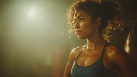 Beautiful girl boxer, sport concept, healthy lifestyle, for advertising. Woman fighter looks at the camera, training in the boxing gym, a series of punches, front view. High quality photoの素材