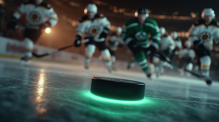 Close-range puck, hockey and puck, sport, game, ice, sports complex, for news, for advertising, for banner. High qualityの素材