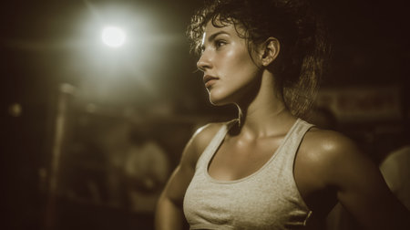 Beautiful girl boxer, sport concept, healthy lifestyle, for advertising. Woman fighter looks at the camera, training in the boxing gym, a series of punches, front view. High quality photoの素材