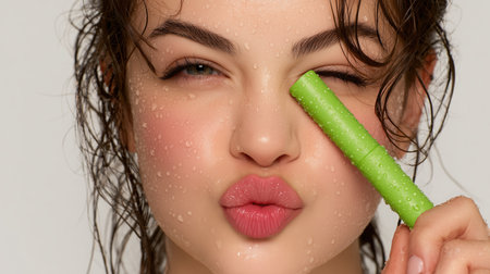 Kiss, makeup with closeup of woman for glow, self care and cosmetics. green ink Shine, beauty salon and glamour with pout lips of person for aesthetic, mouth and cosmetology treatment. High quality photoの素材