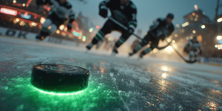 Close-range puck, hockey and puck, sport, game, ice, sports complex, for news, for advertising, for banner. High qualityの素材