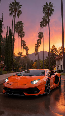 A sports car against a backdrop of palm trees in the summer sunset. Sleek orange sports car. Futuristic digital background. Concept of velocity and technology. High quality photoの素材