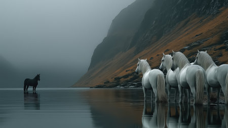 Black horse among white horses, not like everyone else, individuality, concept of a special person, newcomer, black sheep, concept of freedom of life pleasure. High qualityの素材