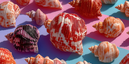 Assortment of natural sea shells with diverse textures. Home decor item. sea shells in a pile closeup, empty washed shells of sea mollusks. High quality photoの素材