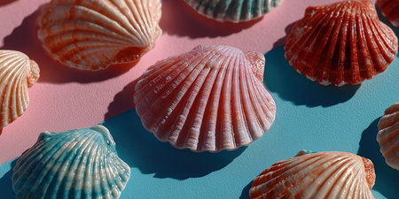 Assortment of natural sea shells with diverse textures. Home decor item. sea shells in a pile closeup, empty washed shells of sea mollusks. High quality photoの素材