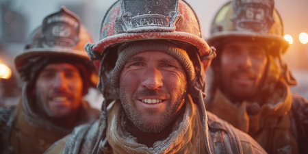 Close up Male Firefighter in Full Gear Ready for Duty, Standing in Front of a camera. Portrait of a Brave. High qualityの素材