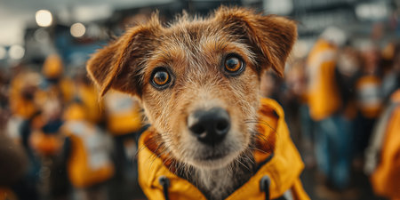 A small, kind search dog, a dog in a vest, people in the background, a rescue dog. High quality photoの素材