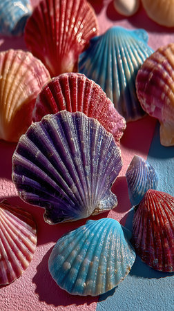 Assortment of natural sea shells with diverse textures. Home decor item. sea shells in a pile closeup, empty washed shells of sea mollusks. High quality photoの素材