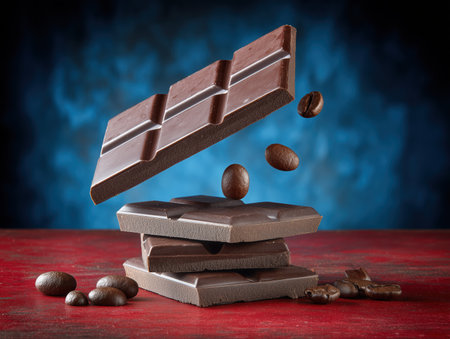 Close up of a delicious milk chocolate bar surrounded by coffee beans on a dark blue background. Perfect for themes related to sweets, desserts. Delicious Milk Chocolate Bar. High quality photoの素材