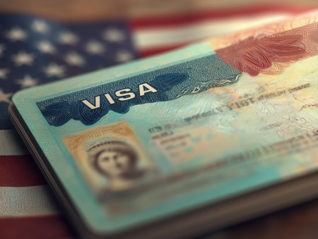US visa, Visa in passport, fee for US visa, tour of the USA, airport, customs, checkpoint, illegal immigrants, closed borders, nationality H-1B visa. Macro photo. High quality photoの素材