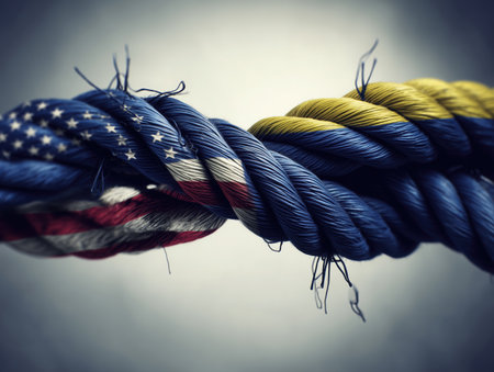 The United States and Ukraine, country flags, America and Ukraine tied by a rope, friendship between the countries, US support. High qualityの素材
