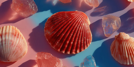 Assortment of natural sea shells with diverse textures. Home decor item. sea shells in a pile closeup, empty washed shells of sea mollusks. High quality photoの素材