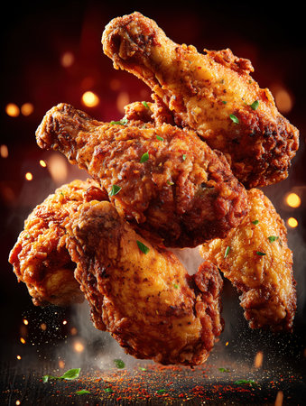 Flying Hot Chicken Wings. Fried Chicken Pieces on Colored Background. Delicious roast chicken leg. Chicken legs junk food, fast food, obesity, health problems, chicken, vegan. High qualityの素材