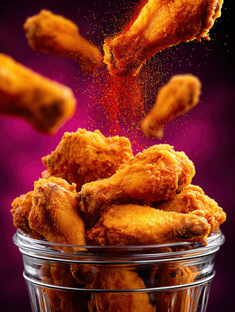 Flying Hot Chicken Wings. Fried Chicken Pieces on Colored Background. Delicious roast chicken leg. Chicken legs junk food, fast food, obesity, health problems, chicken, vegan. High qualityの素材