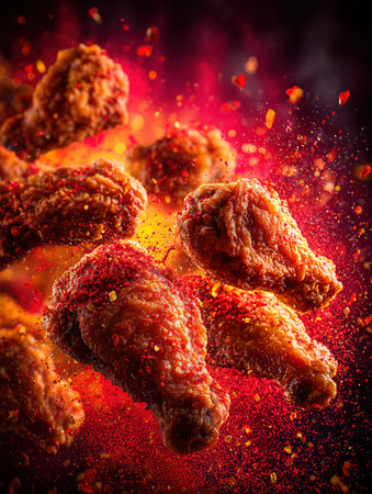 Flying Hot Chicken Wings. Fried Chicken Pieces on Colored Background. Delicious roast chicken leg. Chicken legs junk food, fast food, obesity, health problems, chicken, vegan. High qualityの素材