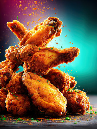 Flying Hot Chicken Wings. Fried Chicken Pieces on Colored Background. Delicious roast chicken leg. Chicken legs junk food, fast food, obesity, health problems, chicken, vegan. High qualityの素材
