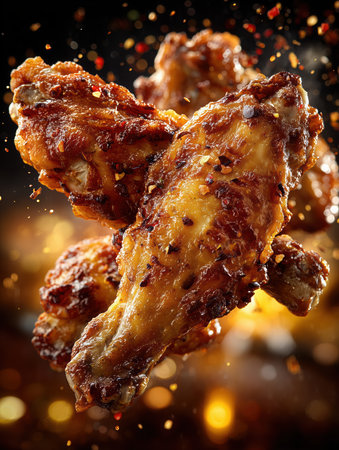 Flying Hot Chicken Wings. Fried Chicken Pieces on Colored Background. Delicious roast chicken leg. Chicken legs junk food, fast food, obesity, health problems, chicken, vegan. High qualityの素材