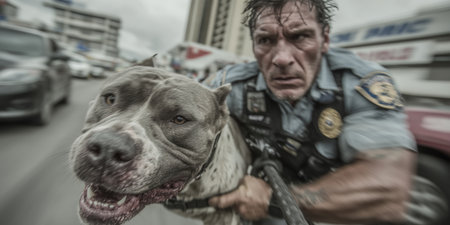 Police officer with dog, angry dog, pit bull and police, patrol dog, bloodhound, attack dog. High qualityの素材