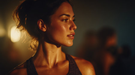 Healthy lifestyle, sports, fitness girl, athletic body. A fit young woman stands in a gym, holding a small dumbbell. She wearing tight athletic leggings. High qualityの素材