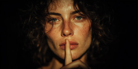 Silent gesture. Women secret. Young caucasian woman holding index finger on her mouth saying hush be quiet. High quality photoの素材