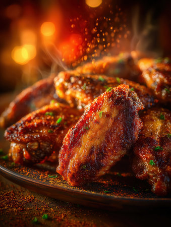 Flying Hot Chicken Wings. Fried Chicken Pieces on Colored Background. Delicious roast chicken leg. Chicken legs junk food, fast food, obesity, health problems, chicken, vegan. High qualityの素材