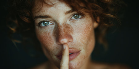 Silent gesture. Women secret. Young caucasian woman holding index finger on her mouth saying hush be quiet. High quality photoの素材