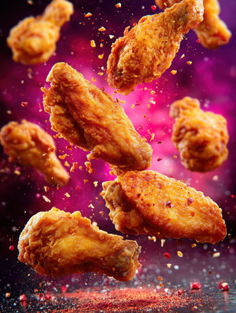 Flying Hot Chicken Wings. Fried Chicken Pieces on Colored Background. Delicious roast chicken leg. Chicken legs junk food, fast food, obesity, health problems, chicken, vegan. High qualityの素材