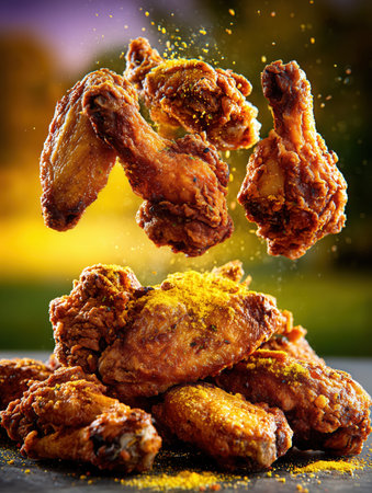 Flying Hot Chicken Wings. Fried Chicken Pieces on Colored Background. Delicious roast chicken leg. Chicken legs junk food, fast food, obesity, health problems, chicken, vegan. High qualityの素材