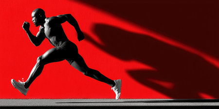 Runner against a red wall, running shoe concept, sport, sports life, running advertising, jogging. High qualityの素材