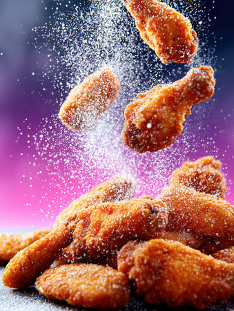 Flying Hot Chicken Wings. Fried Chicken Pieces on Colored Background. Delicious roast chicken leg. Chicken legs junk food, fast food, obesity, health problems, chicken, vegan. High qualityの素材